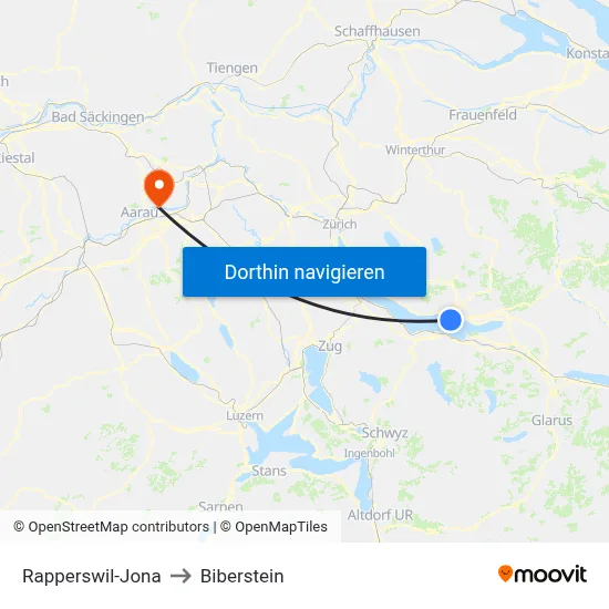 Rapperswil-Jona to Biberstein map