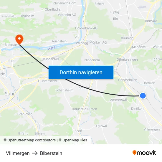 Villmergen to Biberstein map