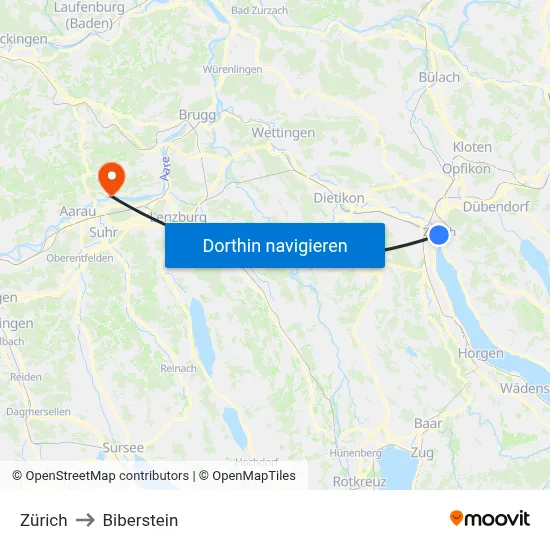 Zürich to Biberstein map