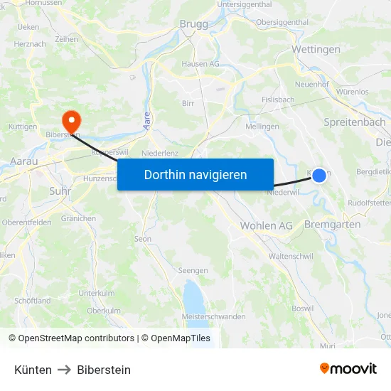 Künten to Biberstein map