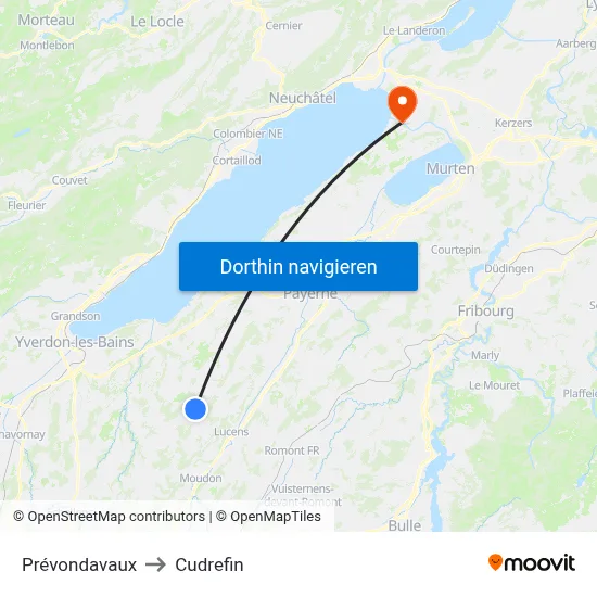 Prévondavaux to Cudrefin map