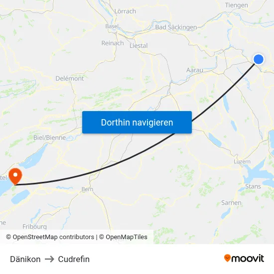 Dänikon to Cudrefin map