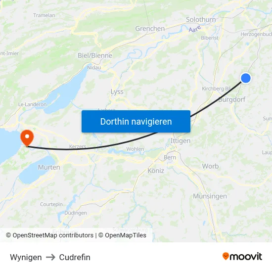Wynigen to Cudrefin map