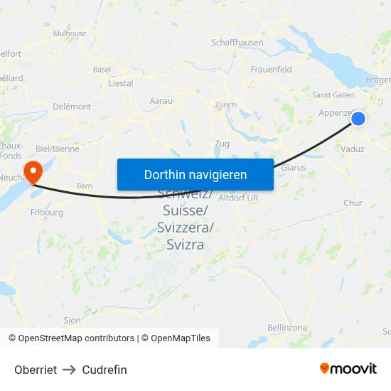 Oberriet to Cudrefin map