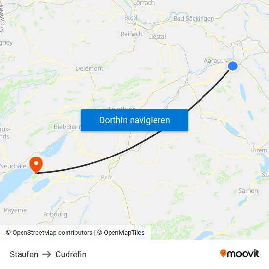 Staufen to Cudrefin map