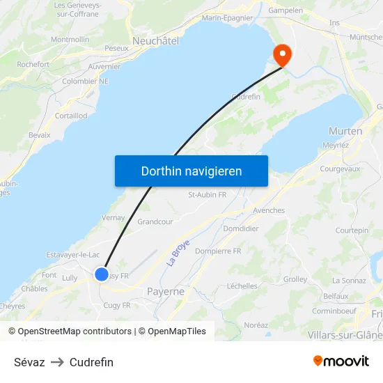 Sévaz to Cudrefin map