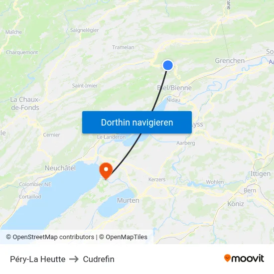 Péry-La Heutte to Cudrefin map