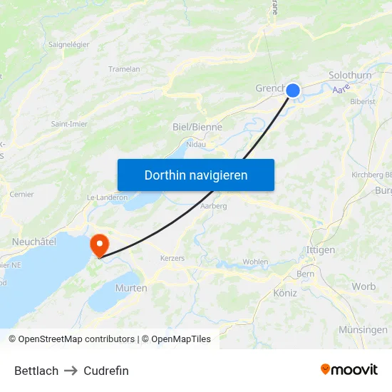 Bettlach to Cudrefin map