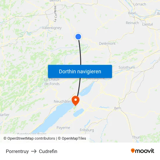 Porrentruy to Cudrefin map