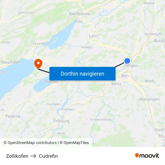 Zollikofen to Cudrefin map