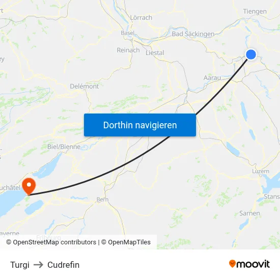 Turgi to Cudrefin map