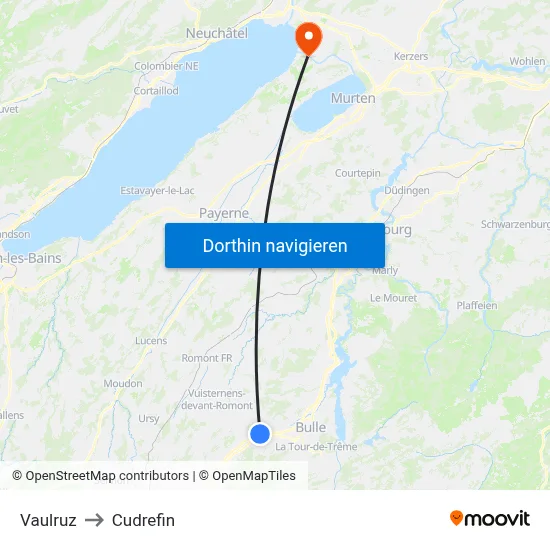 Vaulruz to Cudrefin map