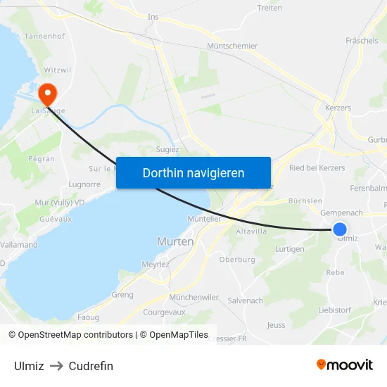 Ulmiz to Cudrefin map