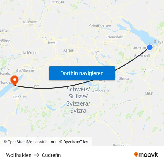 Wolfhalden to Cudrefin map