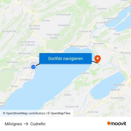 Milvignes to Cudrefin map