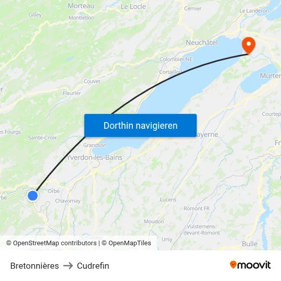 Bretonnières to Cudrefin map