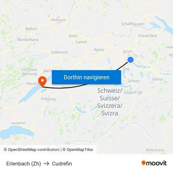 Erlenbach (Zh) to Cudrefin map