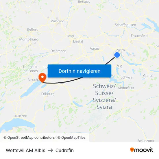 Wettswil AM Albis to Cudrefin map