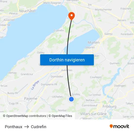 Ponthaux to Cudrefin map