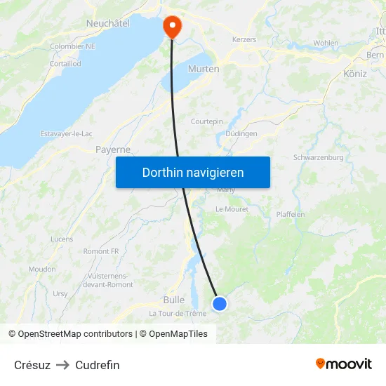 Crésuz to Cudrefin map