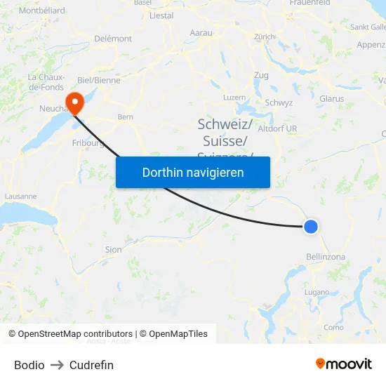 Bodio to Cudrefin map
