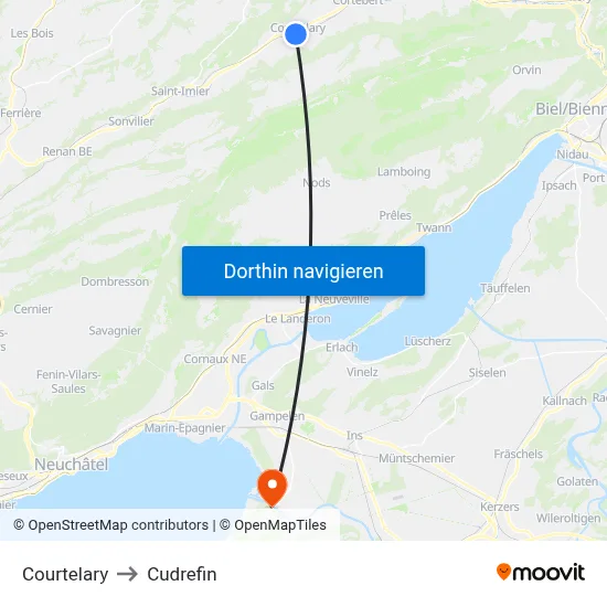 Courtelary to Cudrefin map