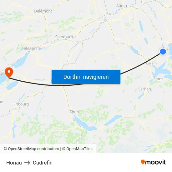 Honau to Cudrefin map