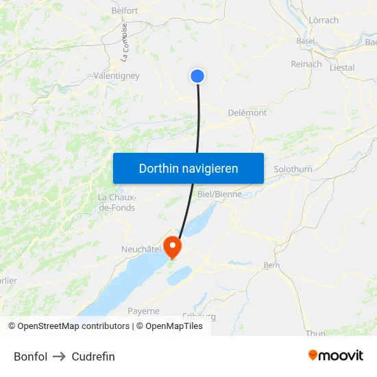 Bonfol to Cudrefin map