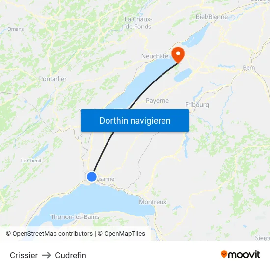 Crissier to Cudrefin map