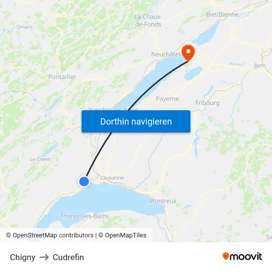 Chigny to Cudrefin map