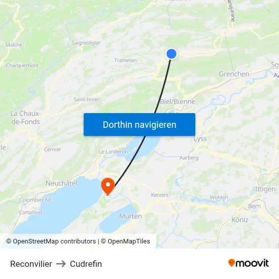 Reconvilier to Cudrefin map