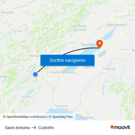Saint-Antoine to Cudrefin map