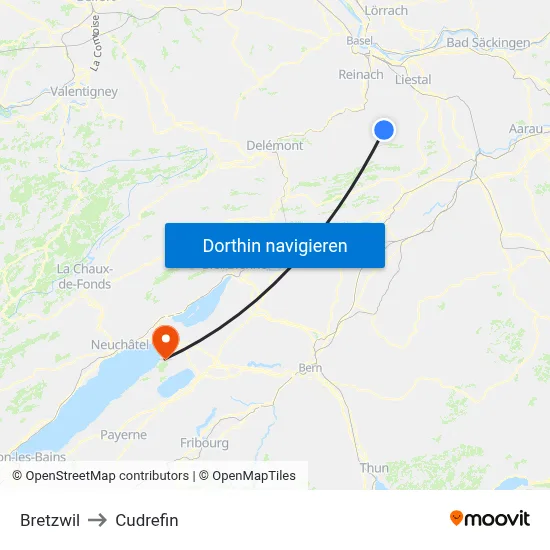 Bretzwil to Cudrefin map