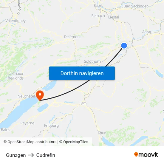 Gunzgen to Cudrefin map