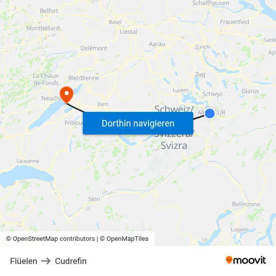 Flüelen to Cudrefin map