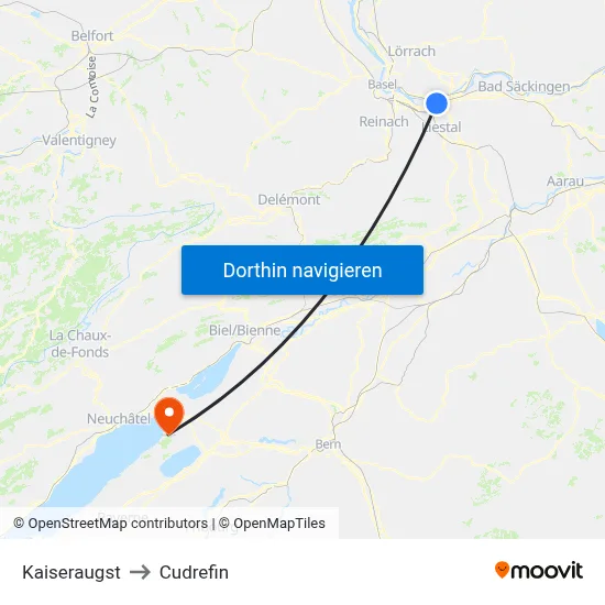 Kaiseraugst to Cudrefin map