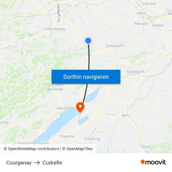 Courgenay to Cudrefin map