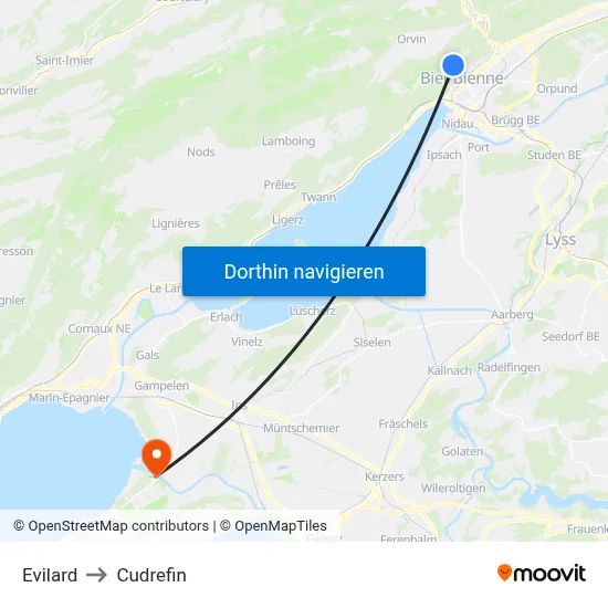 Evilard to Cudrefin map