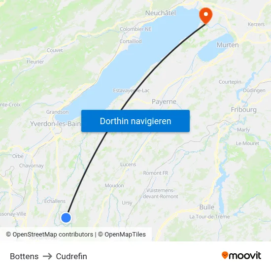 Bottens to Cudrefin map