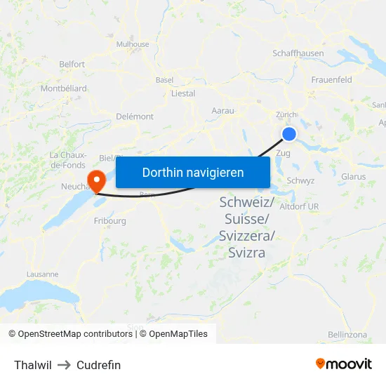 Thalwil to Cudrefin map
