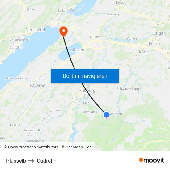 Plasselb to Cudrefin map