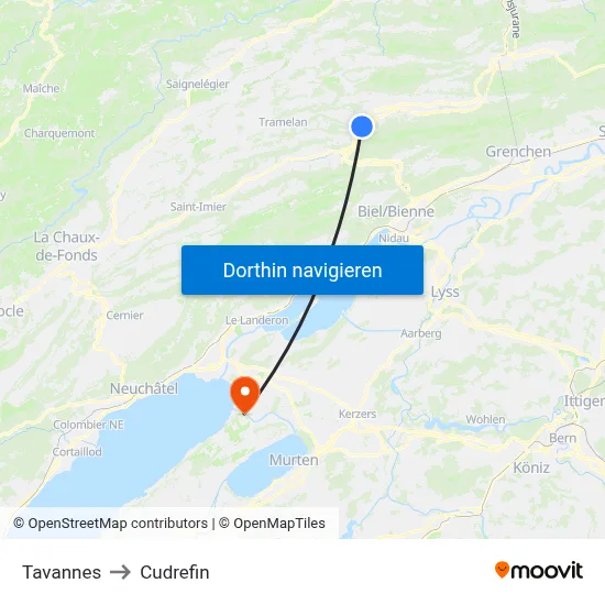 Tavannes to Cudrefin map