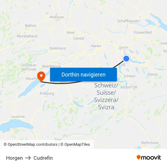 Horgen to Cudrefin map