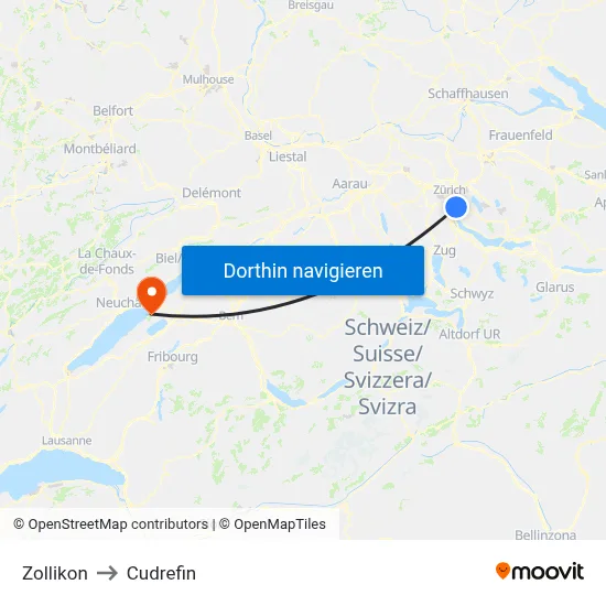 Zollikon to Cudrefin map