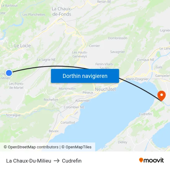 La Chaux-Du-Milieu to Cudrefin map