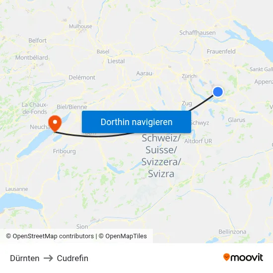 Dürnten to Cudrefin map