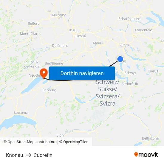 Knonau to Cudrefin map