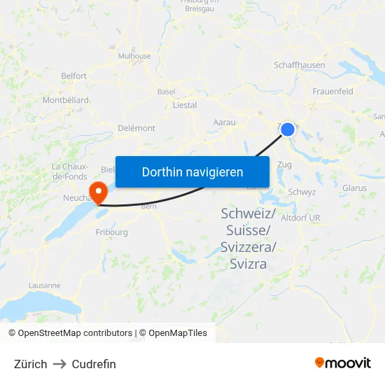 Zürich to Cudrefin map