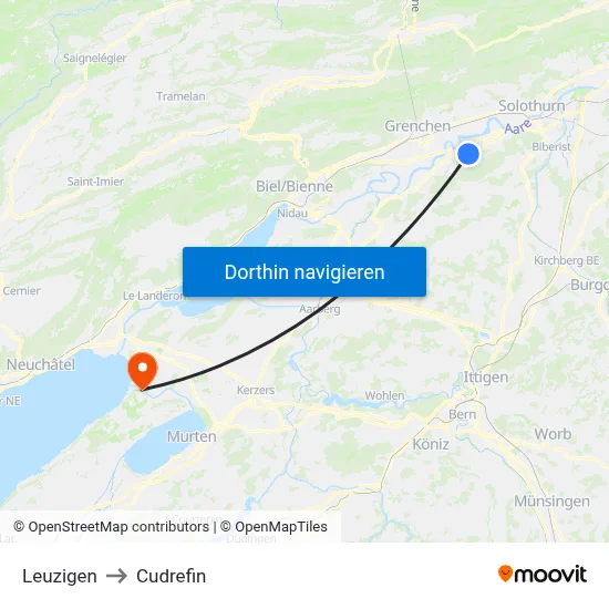 Leuzigen to Cudrefin map