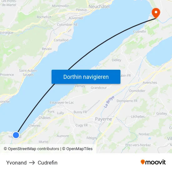 Yvonand to Cudrefin map
